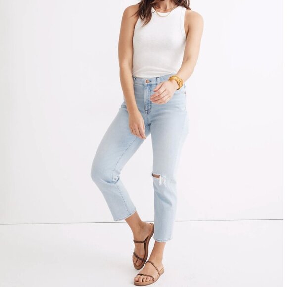 Madewell Tall Mid-Rise Classic Straight Jeans in Wellingford Wash: Knee-Rip Edit - Picture 1 of 14
